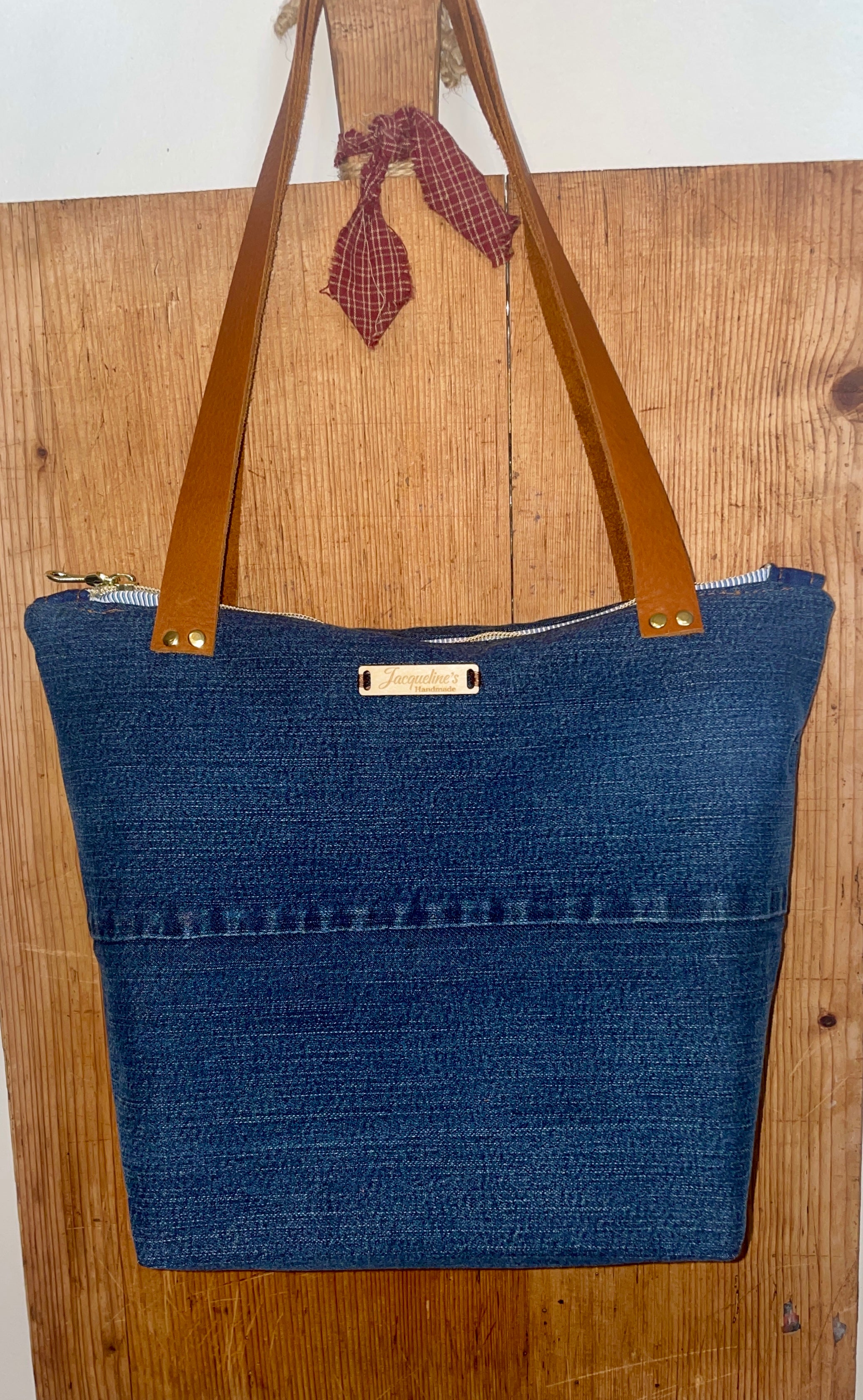 Large Up-Cycles Denim Tote - Leather Strap