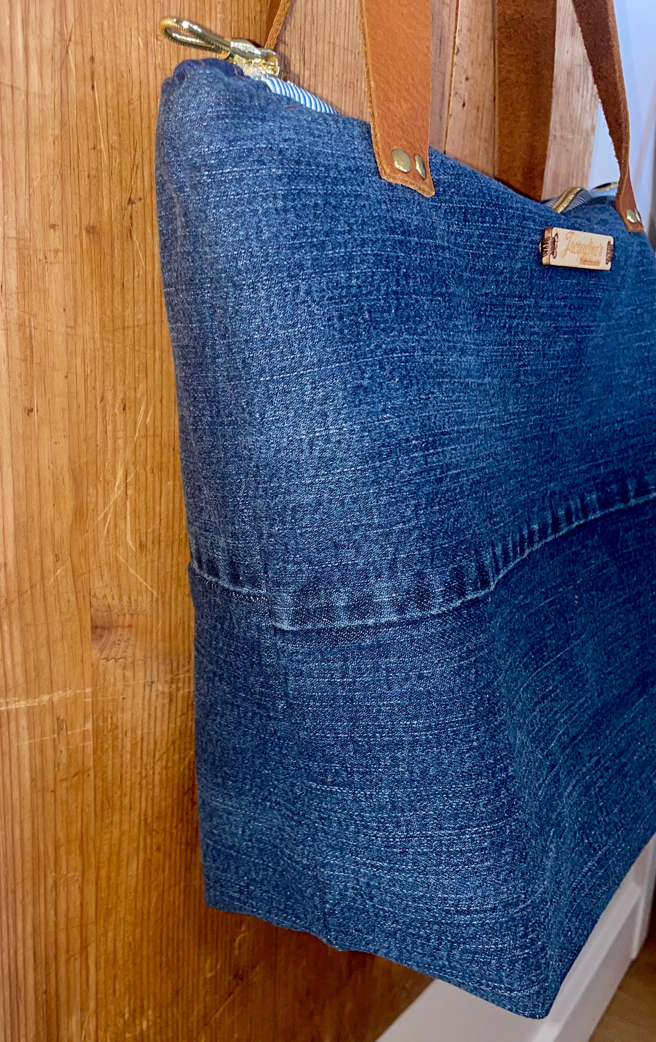 Large Up-Cycles Denim Tote - Leather Strap