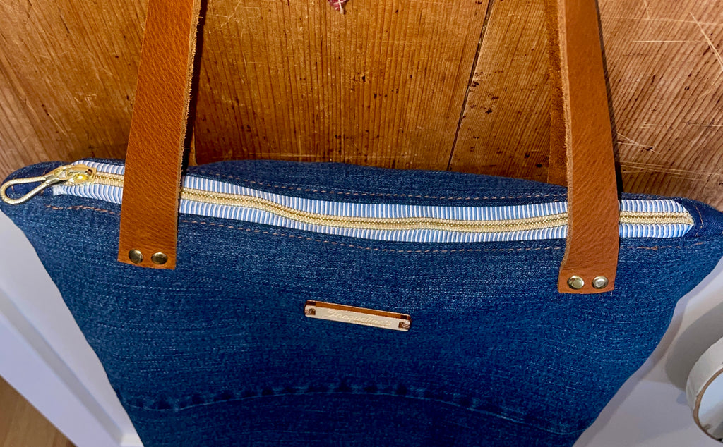 Large Up-Cycles Denim Tote - Leather Strap