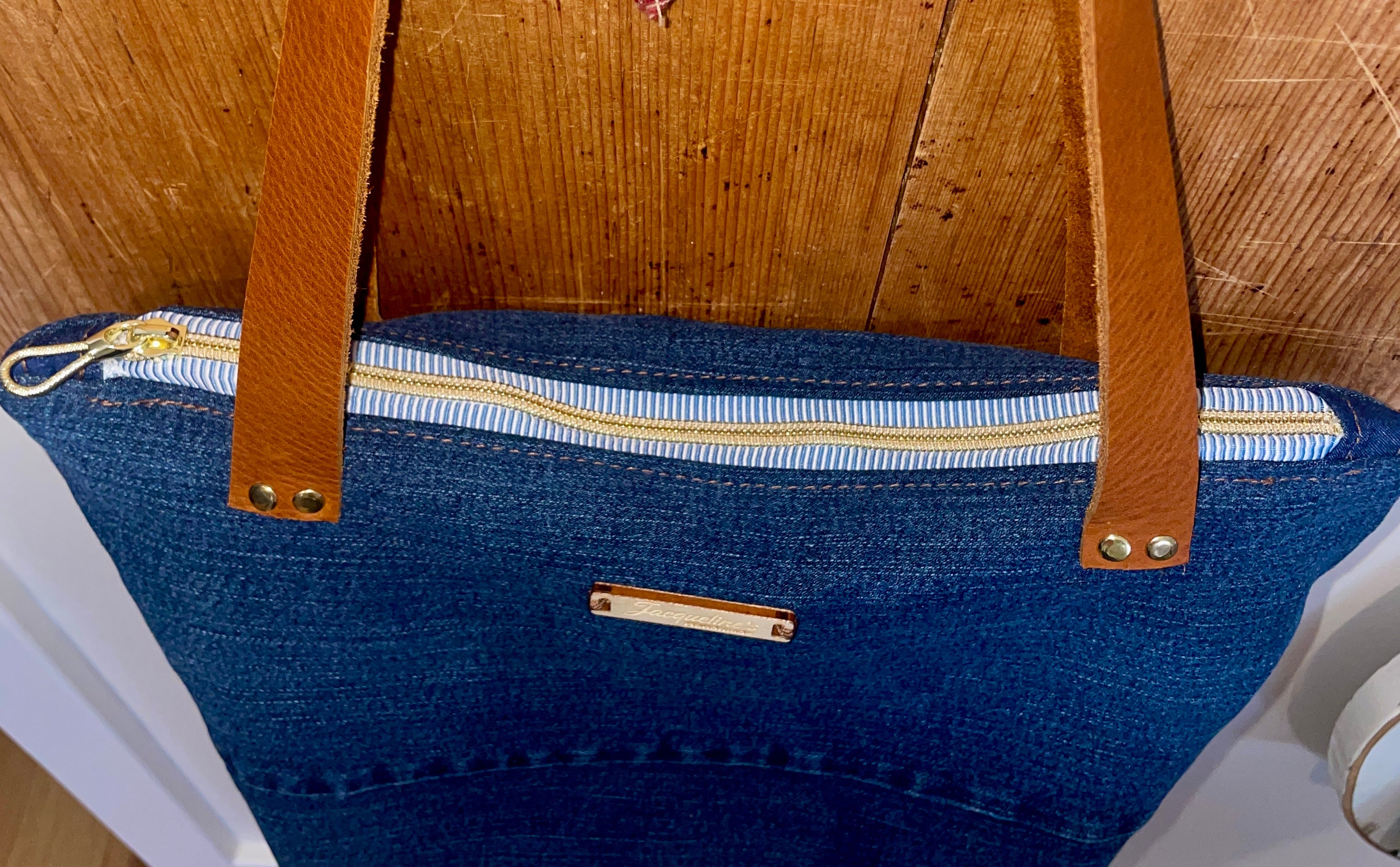 Large Up-Cycles Denim Tote - Leather Strap