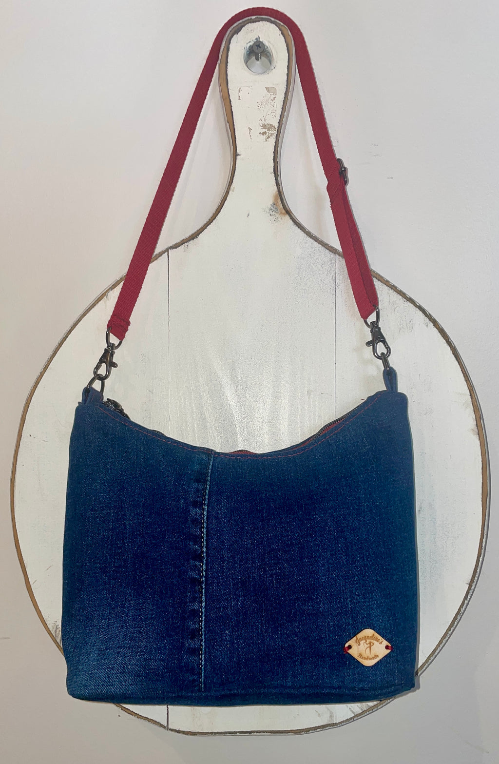 Small Up-Cycled Denim Bag - Red Zip