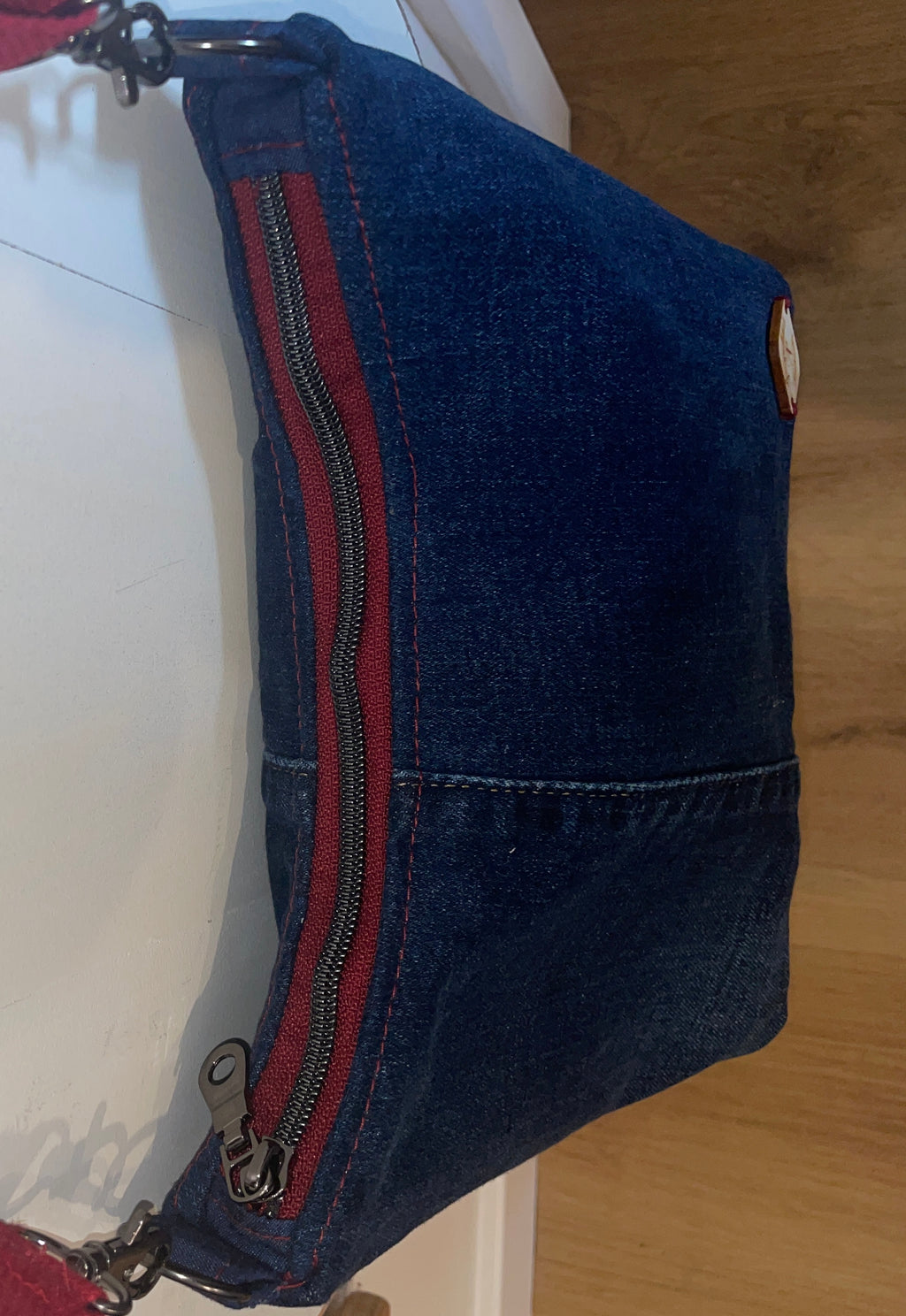 Small Up-Cycled Denim Bag - Red Zip